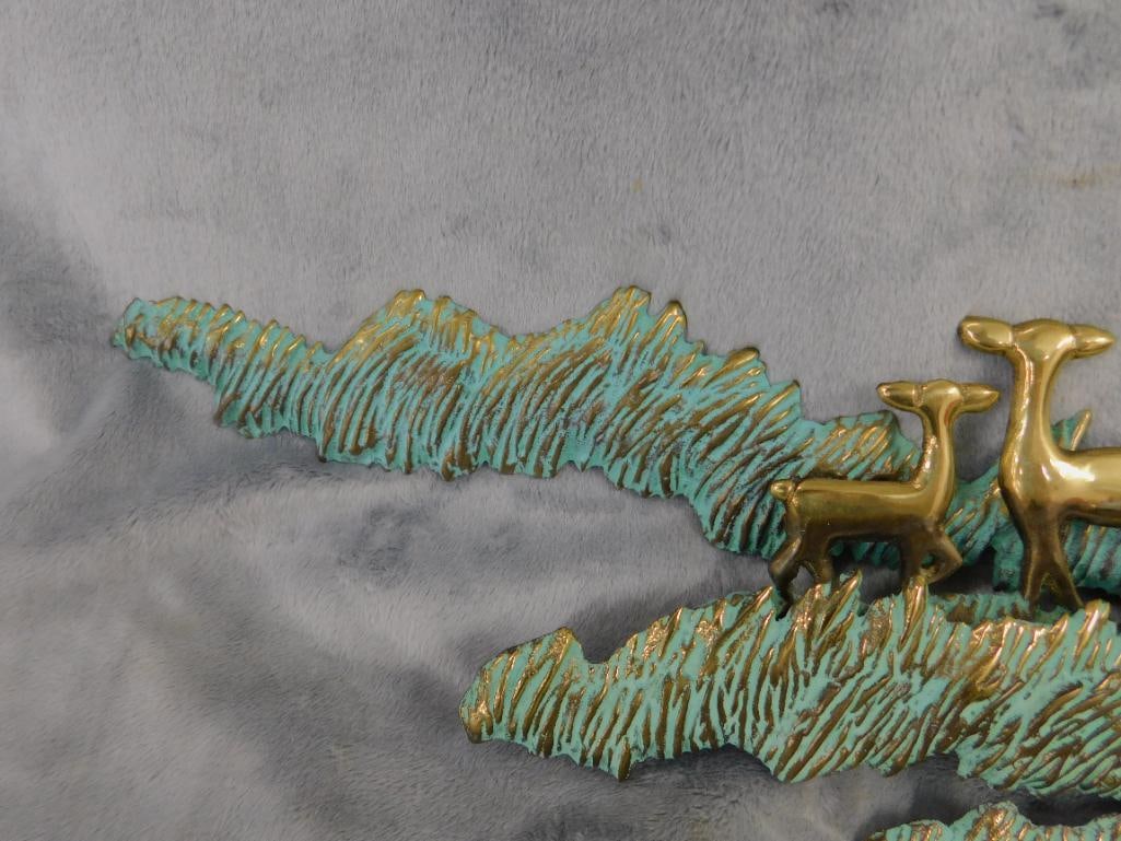 Heavy Brass Wall Hung Sculpture - Deer in Forest - 13" x 24" x 3" - 5