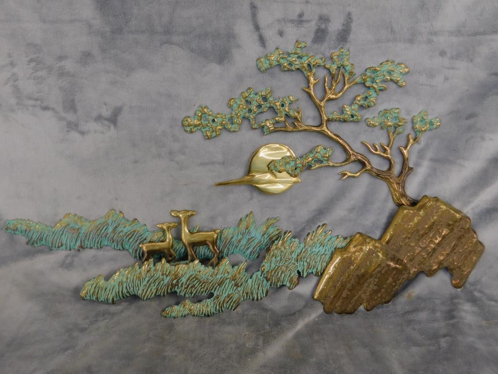 Heavy Brass Wall Hung Sculpture - Deer in Forest - 13" x 24" x 3" - 7