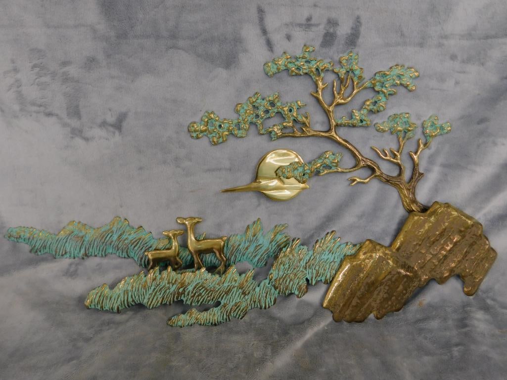 Heavy Brass Wall Hung Sculpture - Deer in Forest - 13" x 24" x 3" - 8