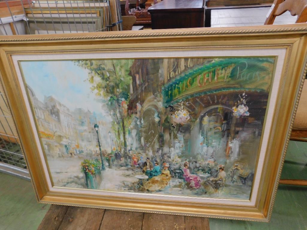 Modern Oil On Canvas - Paris Cafe Scene - Signed - 31" x 43" - 11