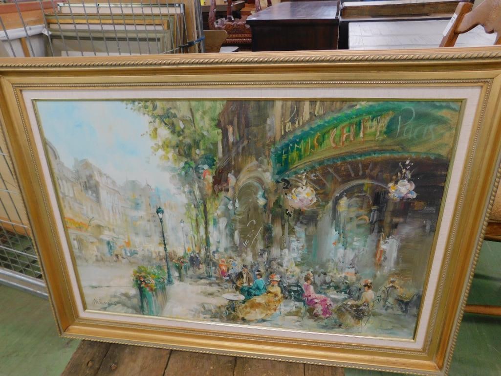Modern Oil On Canvas - Paris Cafe Scene - Signed - 31" x 43" - 12