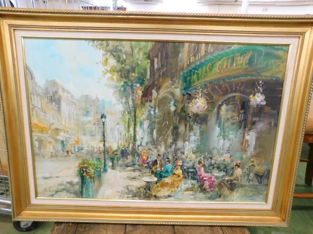 Modern Oil On Canvas - Paris Cafe Scene - Signed - 31" x 43": See Photos For Condition and Details