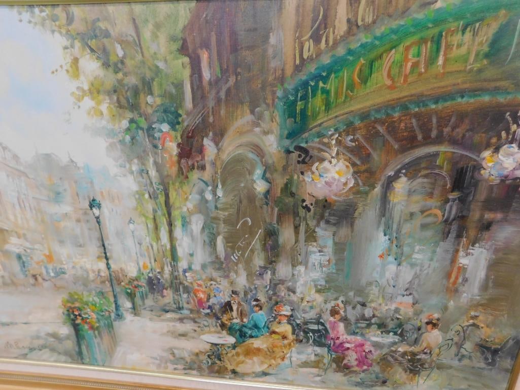 Modern Oil On Canvas - Paris Cafe Scene - Signed - 31" x 43" - 9