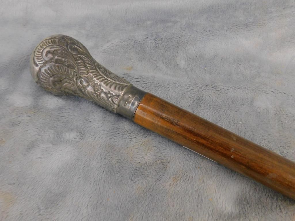 Vintage English Walking Cane - Silver Plate Tip - Converts into Sword - 10