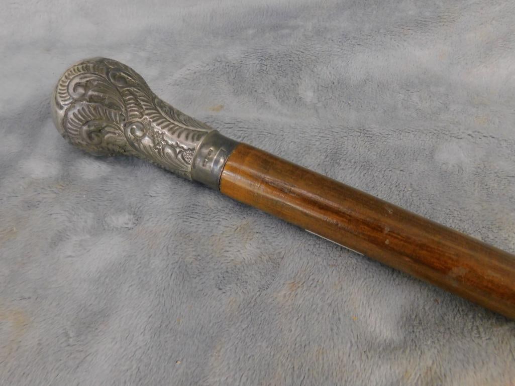 Vintage English Walking Cane - Silver Plate Tip - Converts into Sword - 14