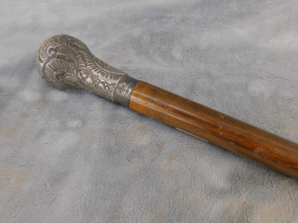 Vintage English Walking Cane - Silver Plate Tip - Converts into Sword - 15