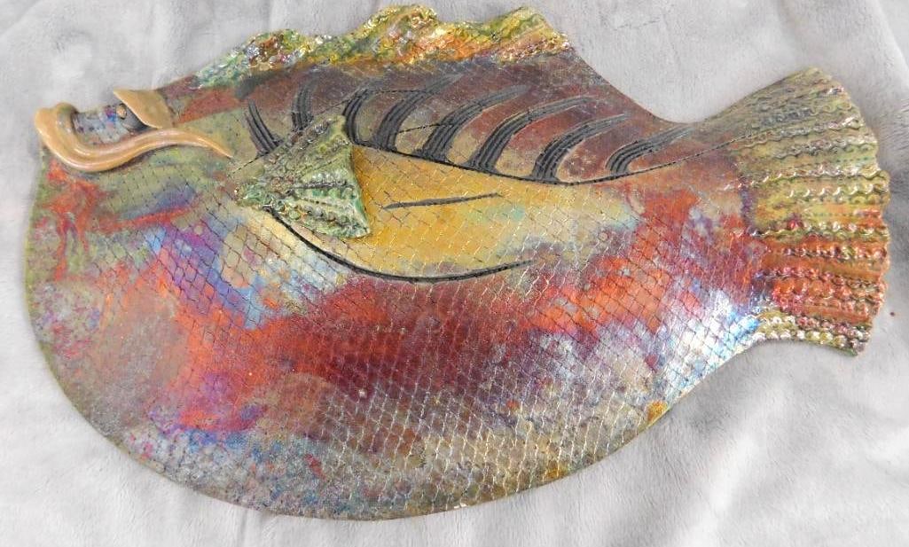 Studio Art Pottery - Raku - Somethings Fishy Signed - Fish - 8" x 13" x 1.5": See Photos For Condition and Details