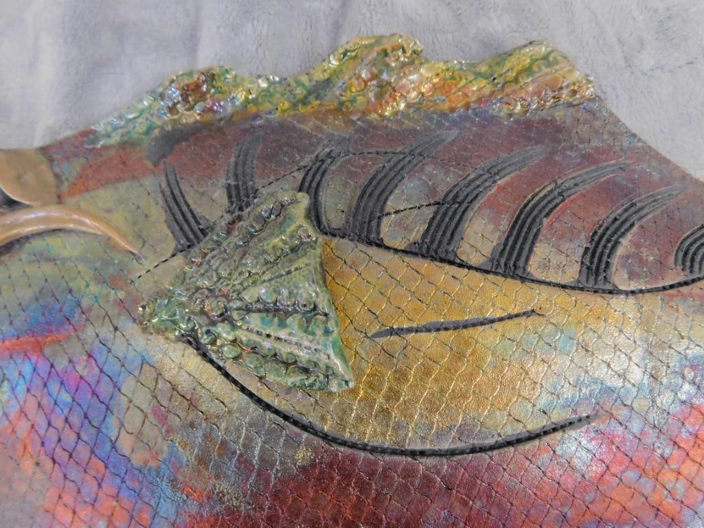 Studio Art Pottery - Raku - Somethings Fishy Signed - Fish - 8" x 13" x 1.5" - 4