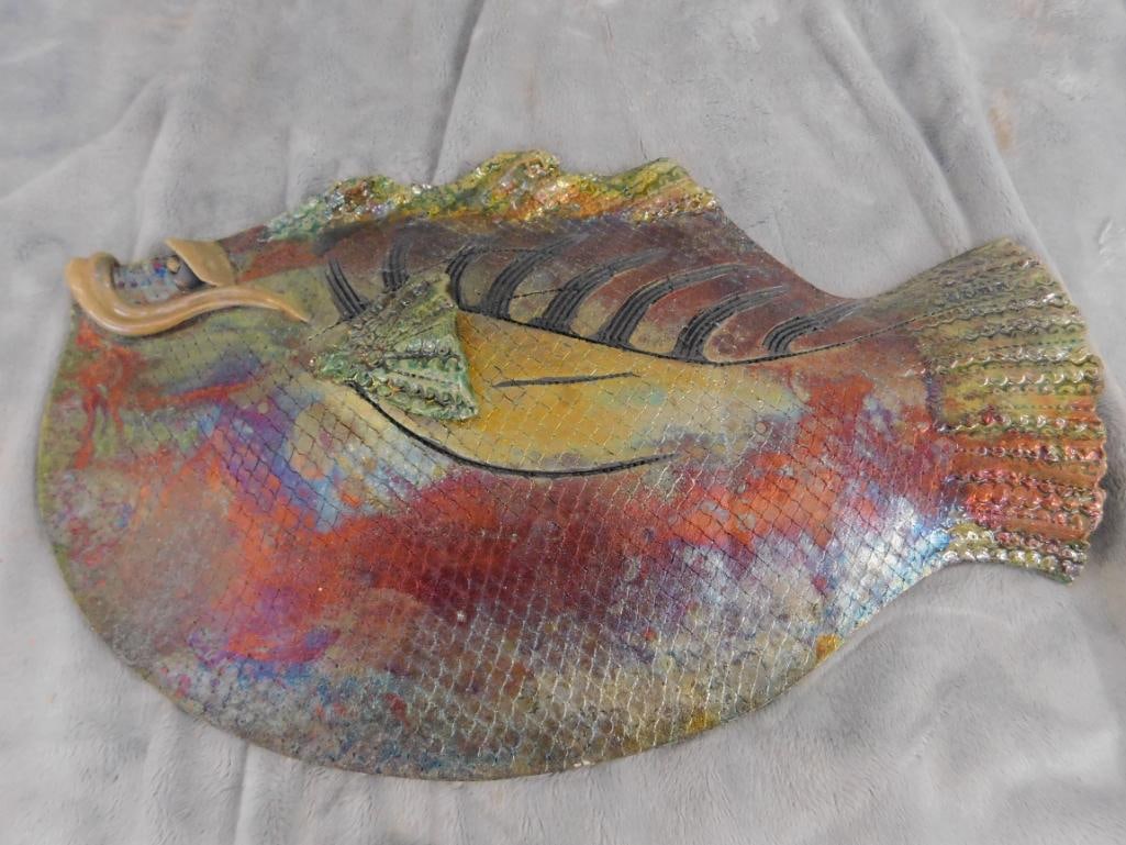 Studio Art Pottery - Raku - Somethings Fishy Signed - Fish - 8" x 13" x 1.5" - 8