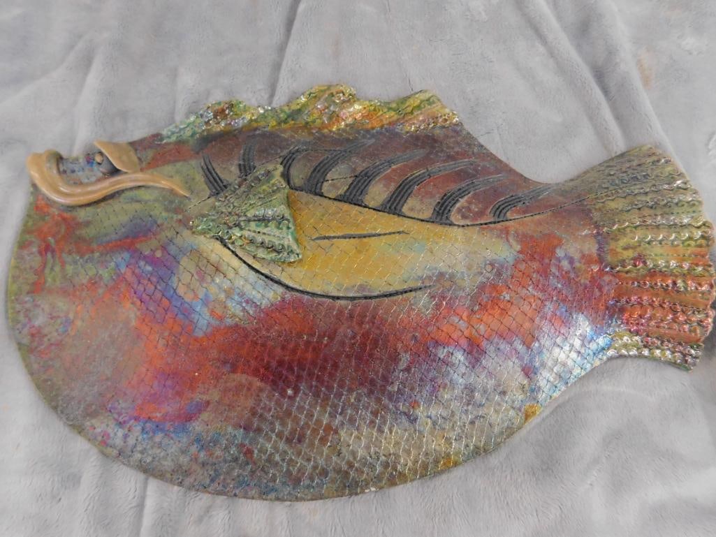 Studio Art Pottery - Raku - Somethings Fishy Signed - Fish - 8" x 13" x 1.5" - 9