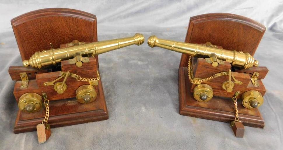 Pair of Wood and Brass Cannon Bookends - Each 5.5" x 8.5" x 5.5": See Photos For Condition and Details