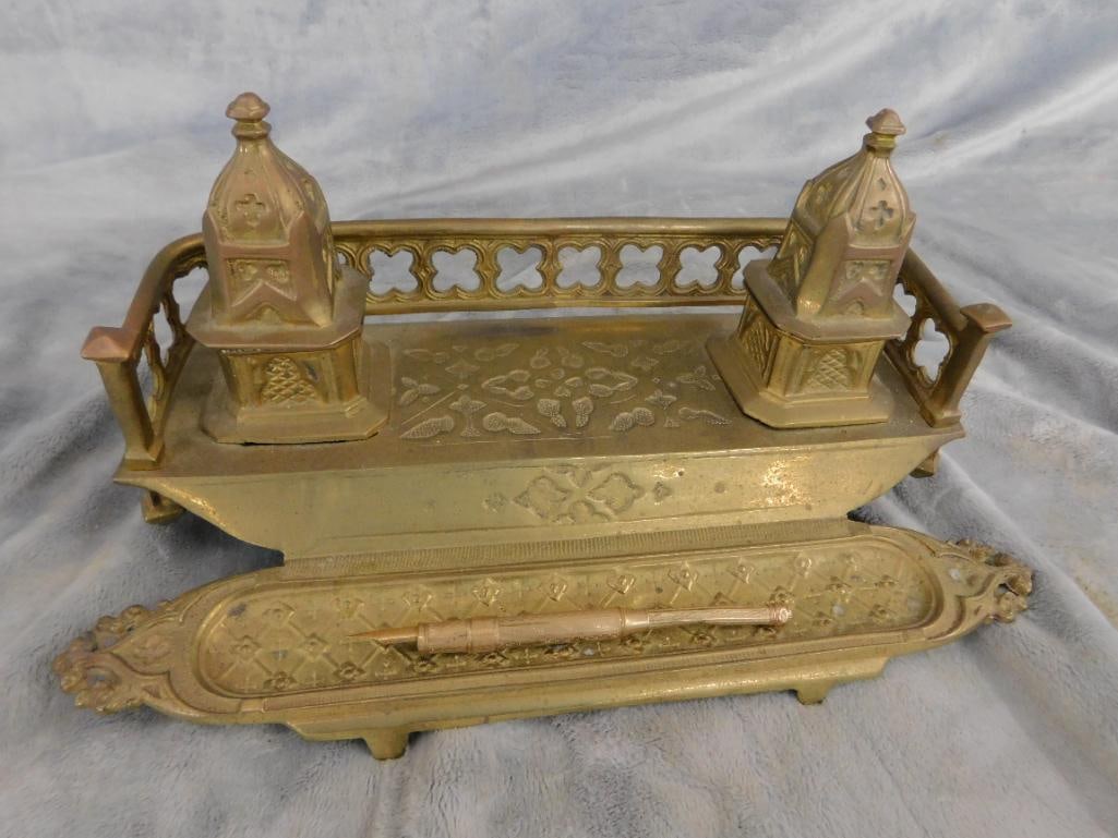 Vintage Brass Double Inkwell with Gold Filled Fountain Pen - 5.75" x 12.25" x 6.5" - 10