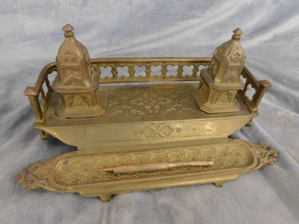 Vintage Brass Double Inkwell with Gold Filled Fountain Pen - 5.75" x 12.25" x 6.5" - 11