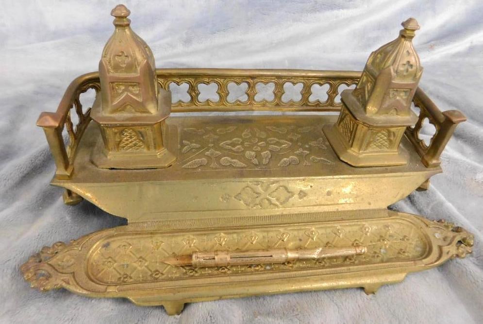 Vintage Brass Double Inkwell with Gold Filled Fountain Pen - 5.75" x 12.25" x 6.5": See Photos For Condition and Details