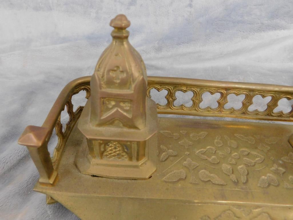 Vintage Brass Double Inkwell with Gold Filled Fountain Pen - 5.75" x 12.25" x 6.5" - 2