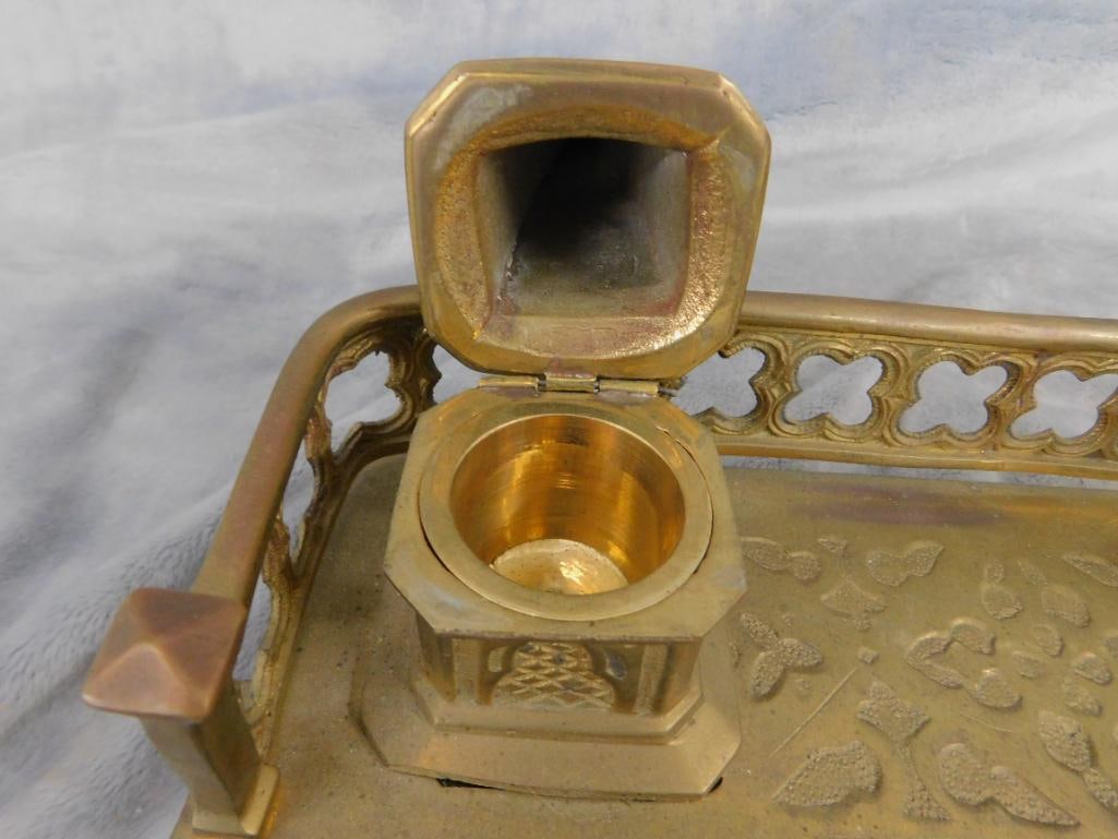 Vintage Brass Double Inkwell with Gold Filled Fountain Pen - 5.75" x 12.25" x 6.5" - 3