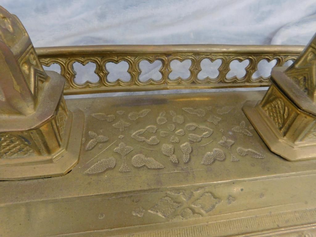 Vintage Brass Double Inkwell with Gold Filled Fountain Pen - 5.75" x 12.25" x 6.5" - 4