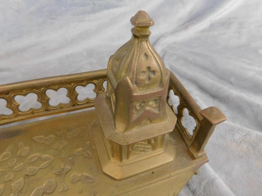 Vintage Brass Double Inkwell with Gold Filled Fountain Pen - 5.75" x 12.25" x 6.5" - 5