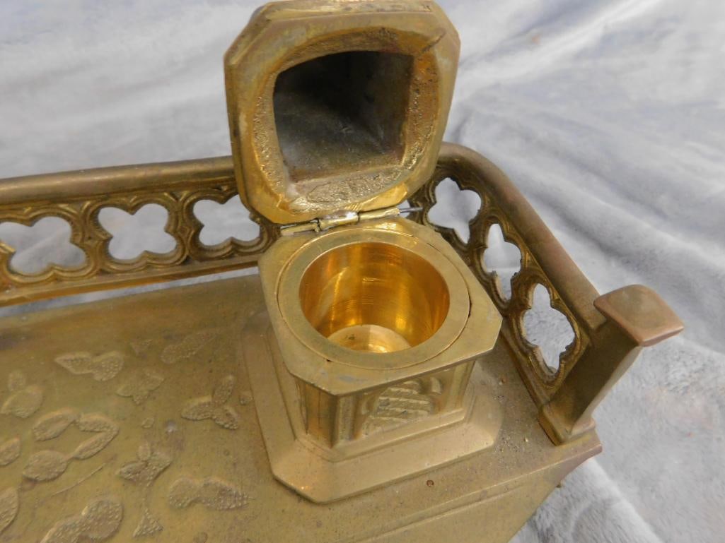 Vintage Brass Double Inkwell with Gold Filled Fountain Pen - 5.75" x 12.25" x 6.5" - 6
