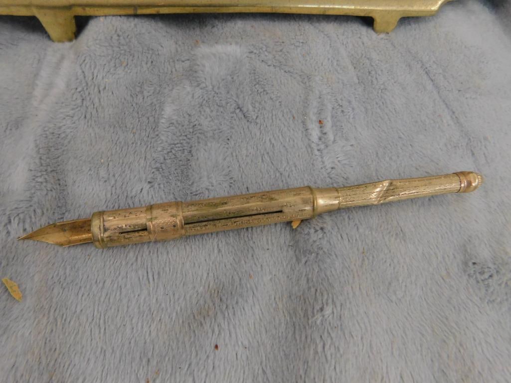 Vintage Brass Double Inkwell with Gold Filled Fountain Pen - 5.75" x 12.25" x 6.5" - 7