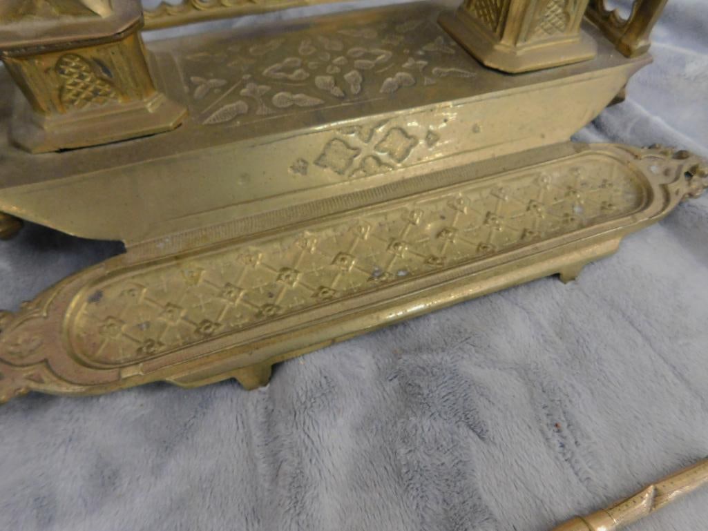 Vintage Brass Double Inkwell with Gold Filled Fountain Pen - 5.75" x 12.25" x 6.5" - 8