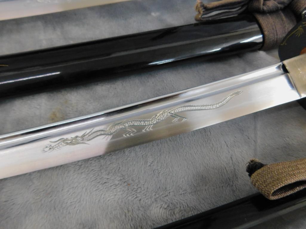 Pair of Modern Japanese Samurai Swords with Lacquer Sheaths and Stand - 40" and 27" Long - 11