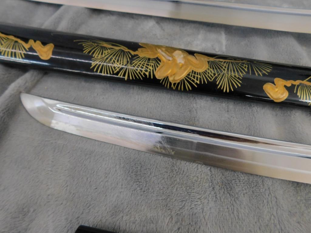 Pair of Modern Japanese Samurai Swords with Lacquer Sheaths and Stand - 40" and 27" Long - 12