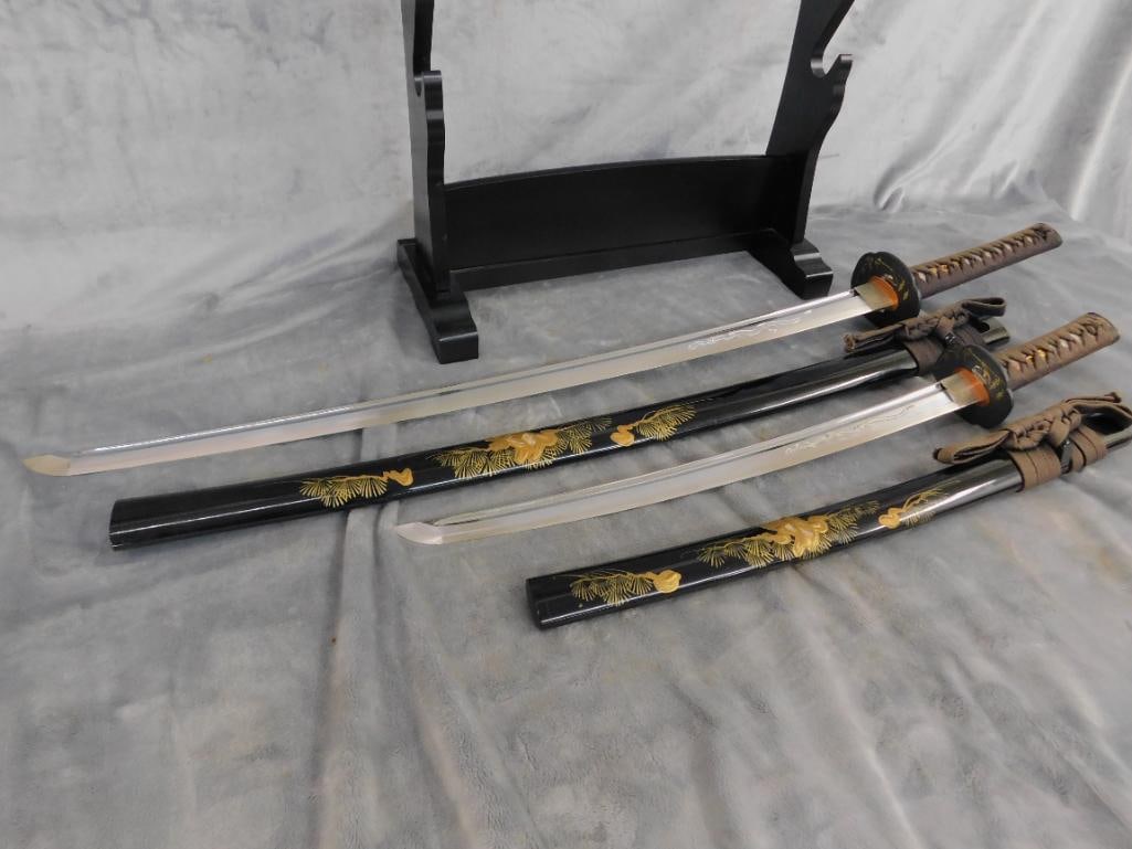 Pair of Modern Japanese Samurai Swords with Lacquer Sheaths and Stand - 40" and 27" Long - 13