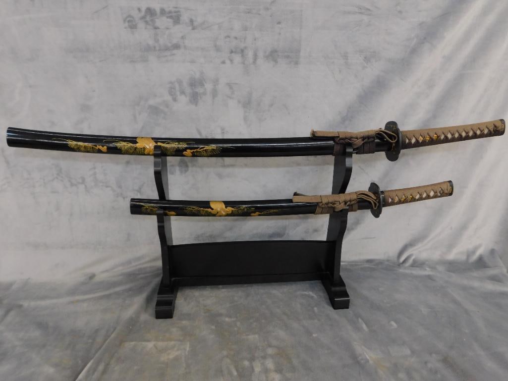 Pair of Modern Japanese Samurai Swords with Lacquer Sheaths and Stand - 40" and 27" Long - 14