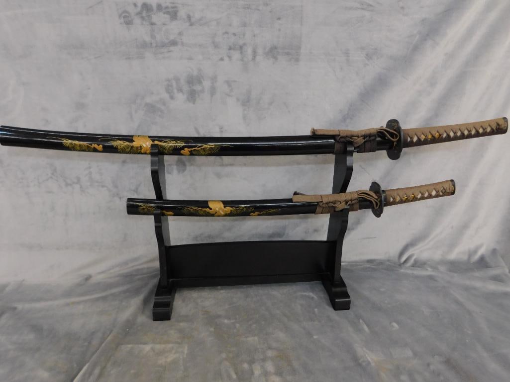 Pair of Modern Japanese Samurai Swords with Lacquer Sheaths and Stand - 40" and 27" Long - 15