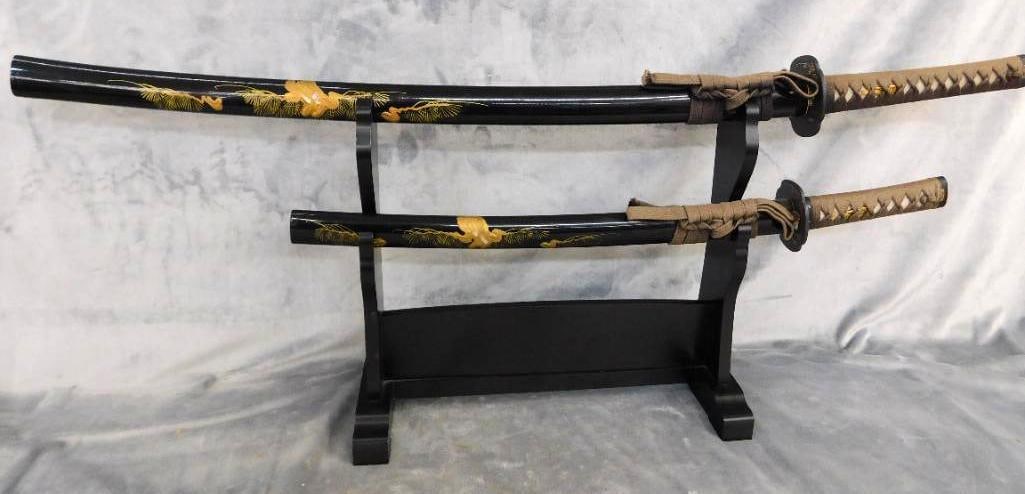 Pair of Modern Japanese Samurai Swords with Lacquer Sheaths and Stand - 40" and 27" Long: See Photos For Condition and Details
