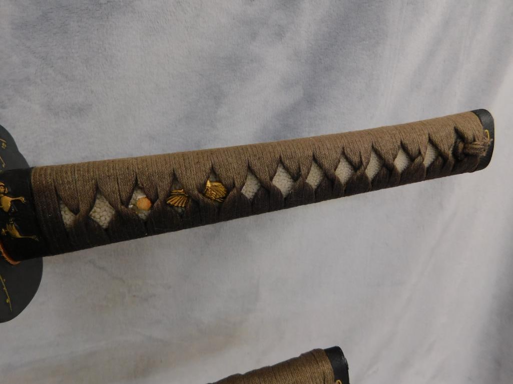 Pair of Modern Japanese Samurai Swords with Lacquer Sheaths and Stand - 40" and 27" Long - 2