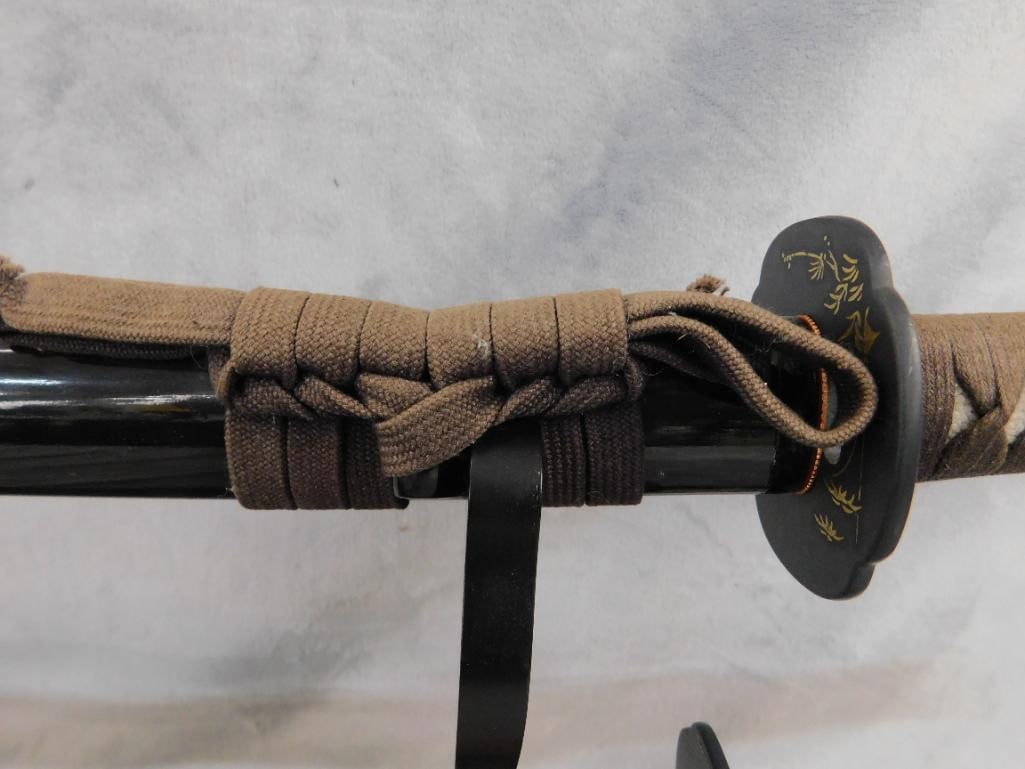 Pair of Modern Japanese Samurai Swords with Lacquer Sheaths and Stand - 40" and 27" Long - 3