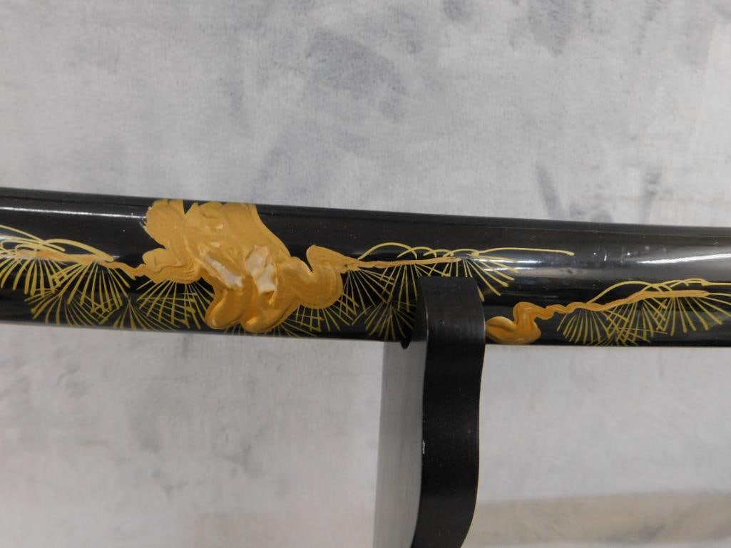 Pair of Modern Japanese Samurai Swords with Lacquer Sheaths and Stand - 40" and 27" Long - 4