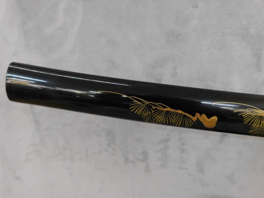 Pair of Modern Japanese Samurai Swords with Lacquer Sheaths and Stand - 40" and 27" Long - 5
