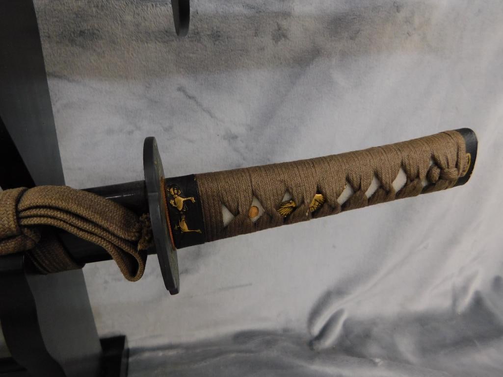 Pair of Modern Japanese Samurai Swords with Lacquer Sheaths and Stand - 40" and 27" Long - 6
