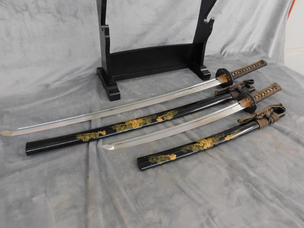 Pair of Modern Japanese Samurai Swords with Lacquer Sheaths and Stand - 40" and 27" Long - 8