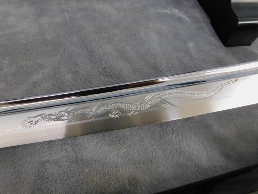 Pair of Modern Japanese Samurai Swords with Lacquer Sheaths and Stand - 40" and 27" Long - 9