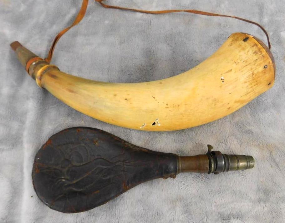 Pair of Vintage Powder Horns - 1 Horn - 1 Leather: See Photos For Condition and Details