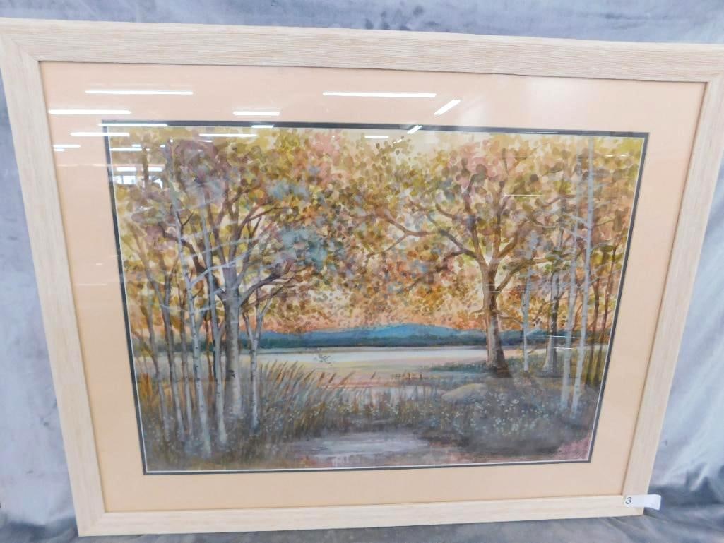 1947 Framed Watercolor - Signed Joseph Anthony Atchison - Lakeside Scene - 31" x 39.5": See Photos For Condition and Details