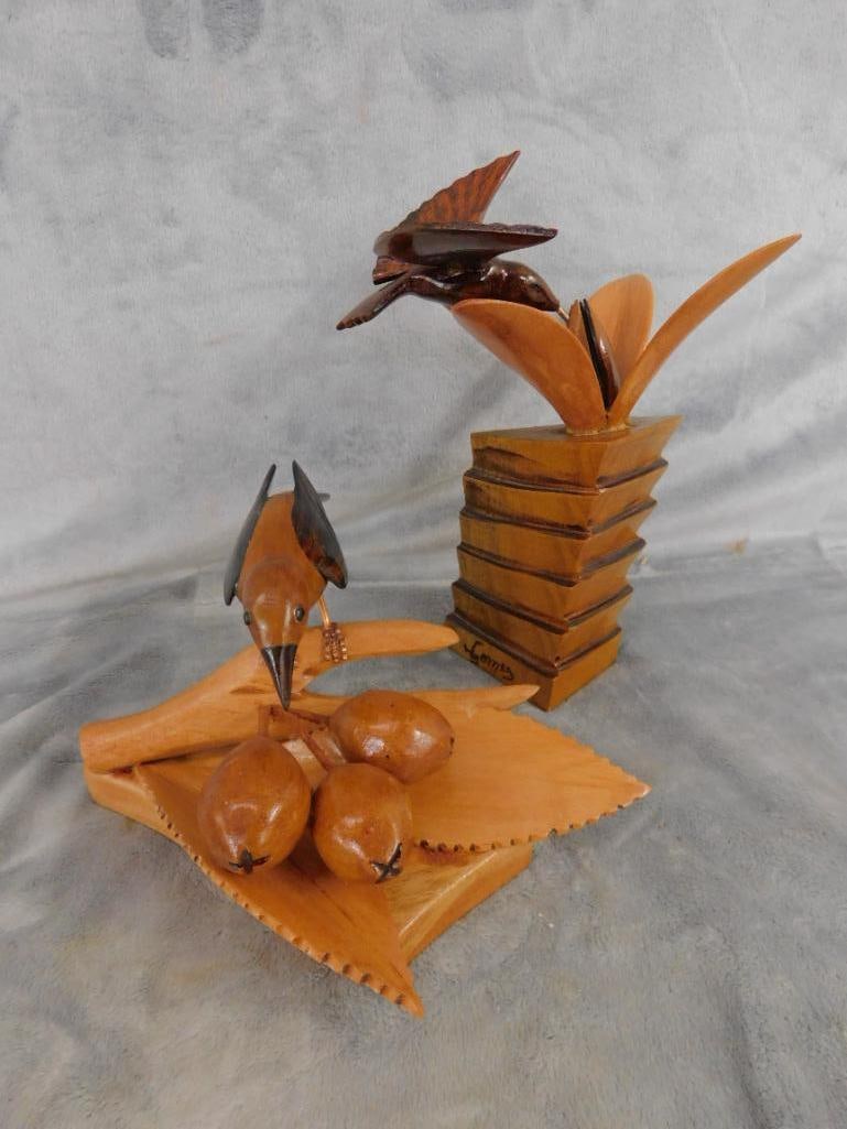 Pair of Carved Wood Bird Statues - Both Signed Gomes - 4.5" x 8.5" x 9" - 8.75" x 6" x 6" - 13
