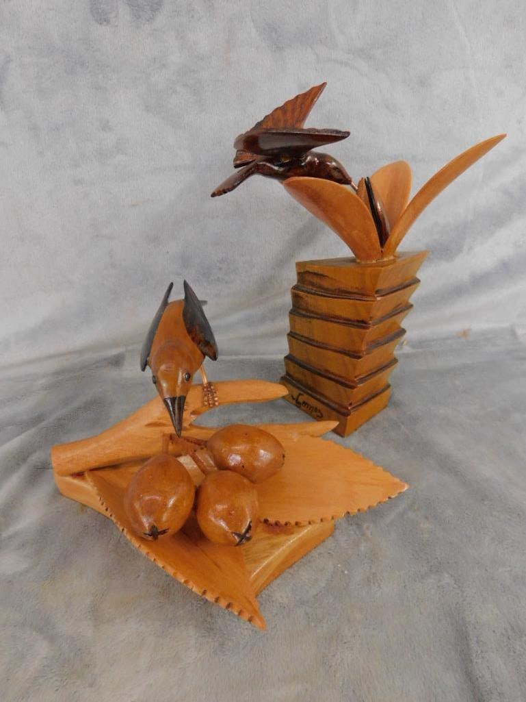Pair of Carved Wood Bird Statues - Both Signed Gomes - 4.5" x 8.5" x 9" - 8.75" x 6" x 6" - 14