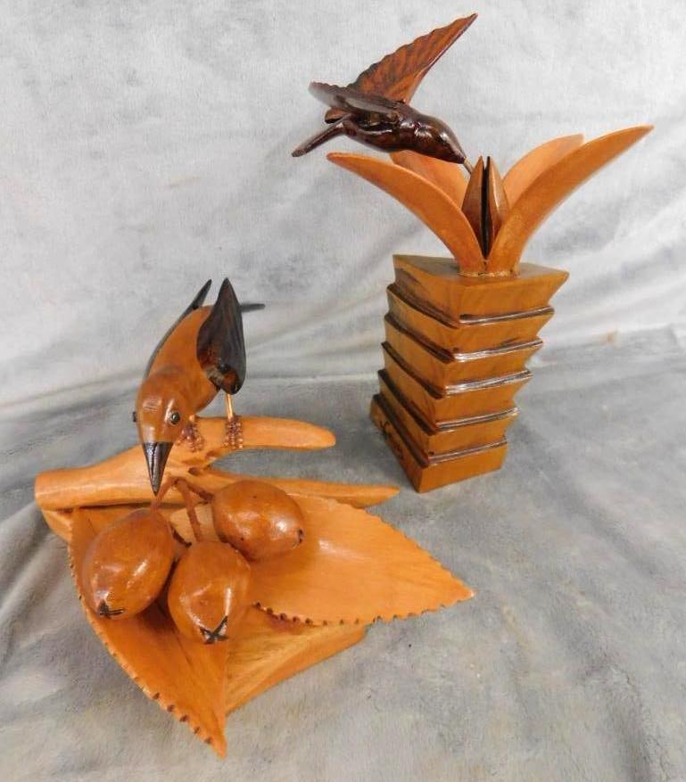 Pair of Carved Wood Bird Statues - Both Signed Gomes - 4.5" x 8.5" x 9" - 8.75" x 6" x 6": See Photos For Condition and Details