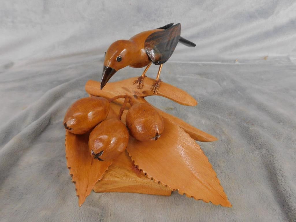 Pair of Carved Wood Bird Statues - Both Signed Gomes - 4.5" x 8.5" x 9" - 8.75" x 6" x 6" - 2