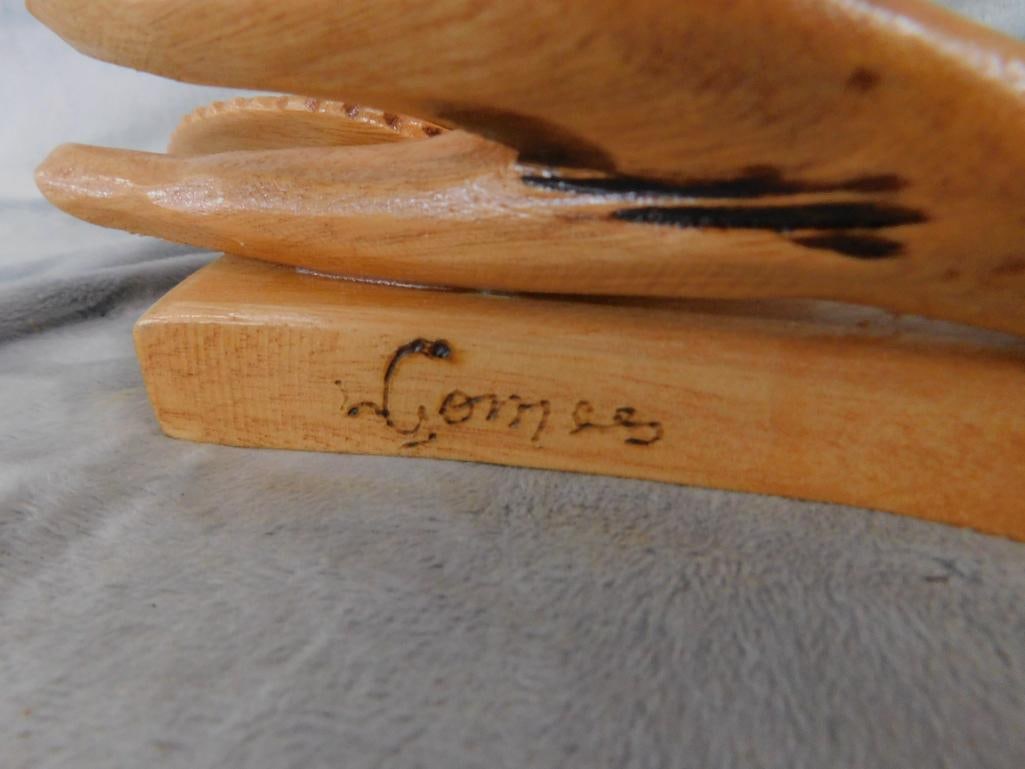 Pair of Carved Wood Bird Statues - Both Signed Gomes - 4.5" x 8.5" x 9" - 8.75" x 6" x 6" - 6