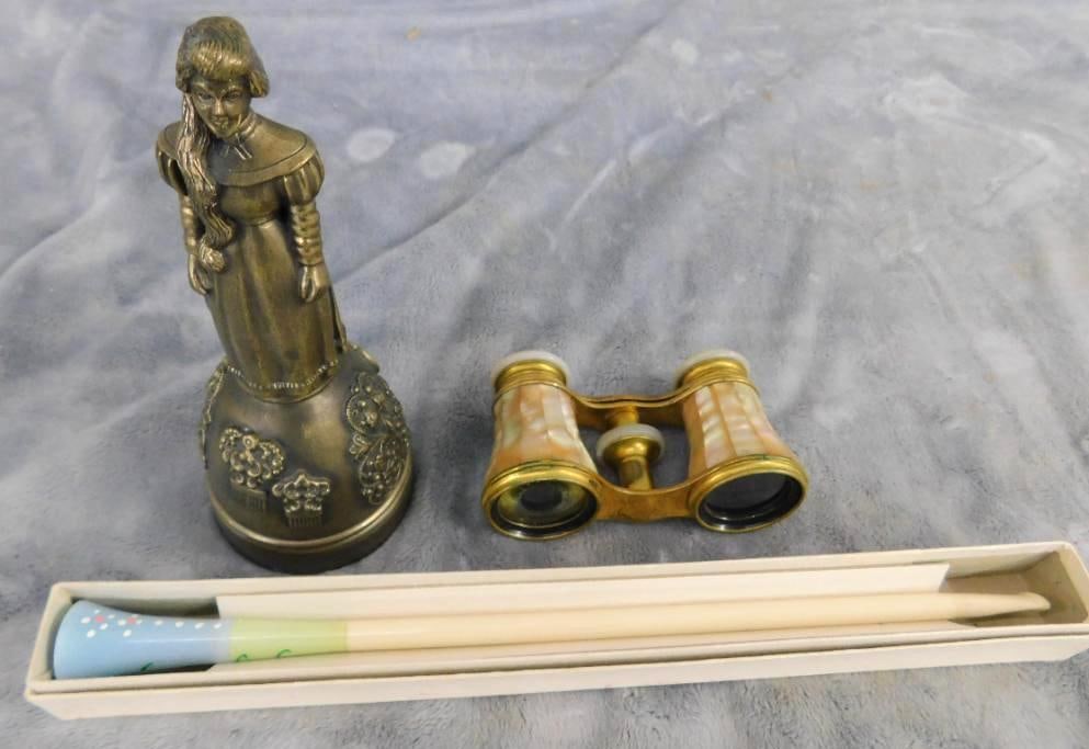 Ballentyne 1985 Bronze Figural Bell - MOP Opera Glasses - Cigarette Tip: See Photos For Condition and Details