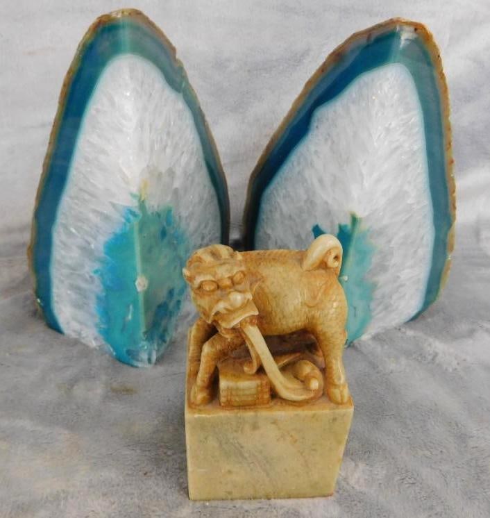 Polished Stone Bookends and Soapstone Wax Seal: See Photos For Condition and Details