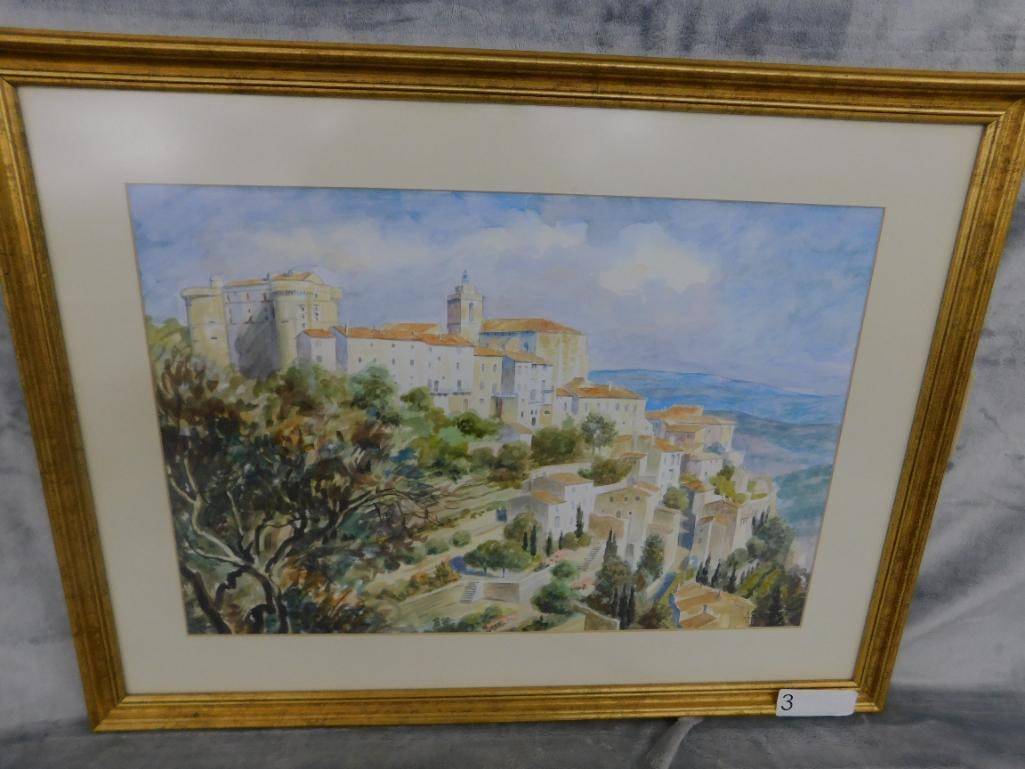 Framed Watercolor - Signed - Mediterranean Coastal Town - 19.5" x 25.5" - 10