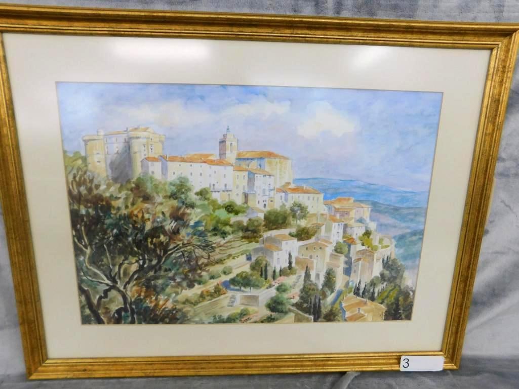 Framed Watercolor - Signed - Mediterranean Coastal Town - 19.5" x 25.5": See Photos For Condition and Details