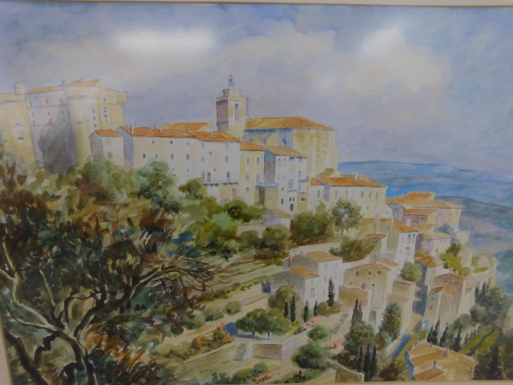 Framed Watercolor - Signed - Mediterranean Coastal Town - 19.5" x 25.5" - 2